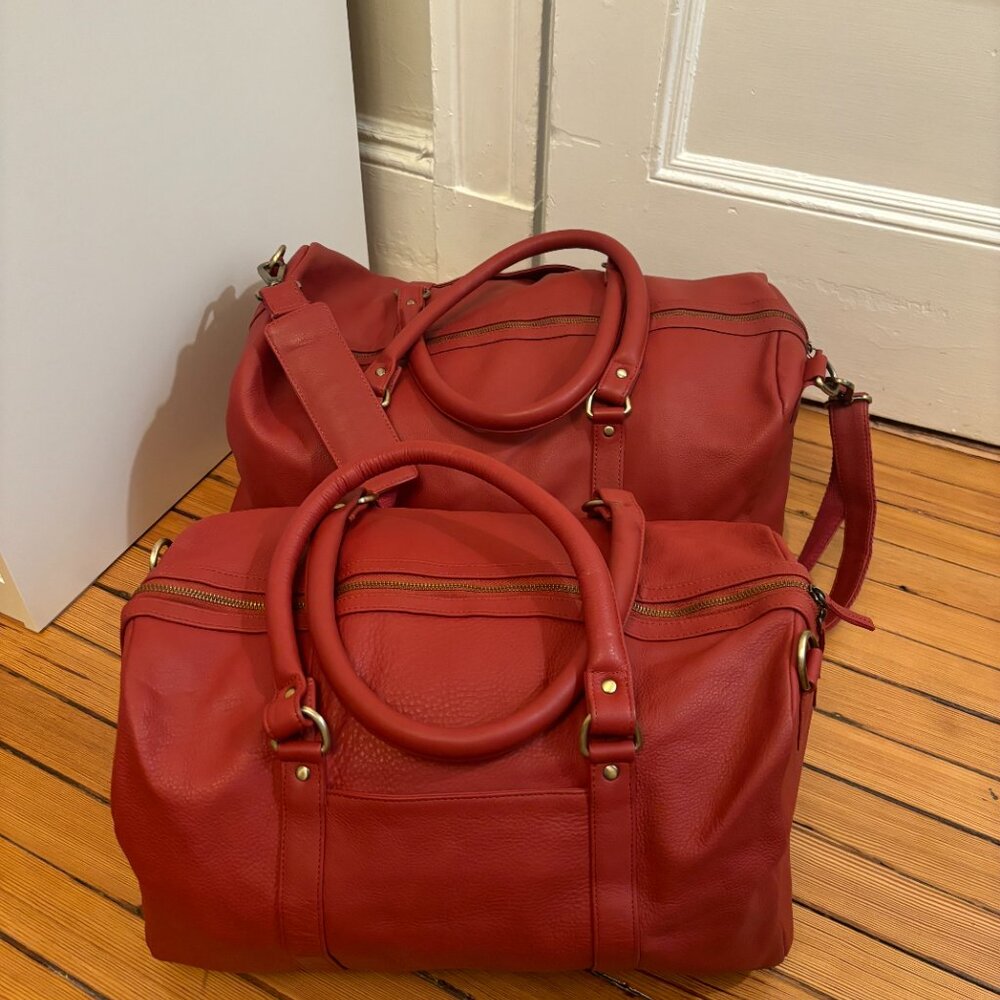 Leather Traveler Bags Hand Dyed Dark Red Carry On Travel Medium & Small size - Picture 10 of 15